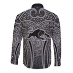 Penrith Panthers Rugby Long Sleeve Button Shirt Polynesian Tribal Panther Warrior Black Grey Pattern