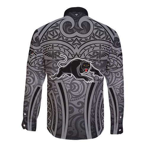 Penrith Panthers Rugby Long Sleeve Button Shirt Polynesian Tribal Panther Warrior Black Grey Pattern