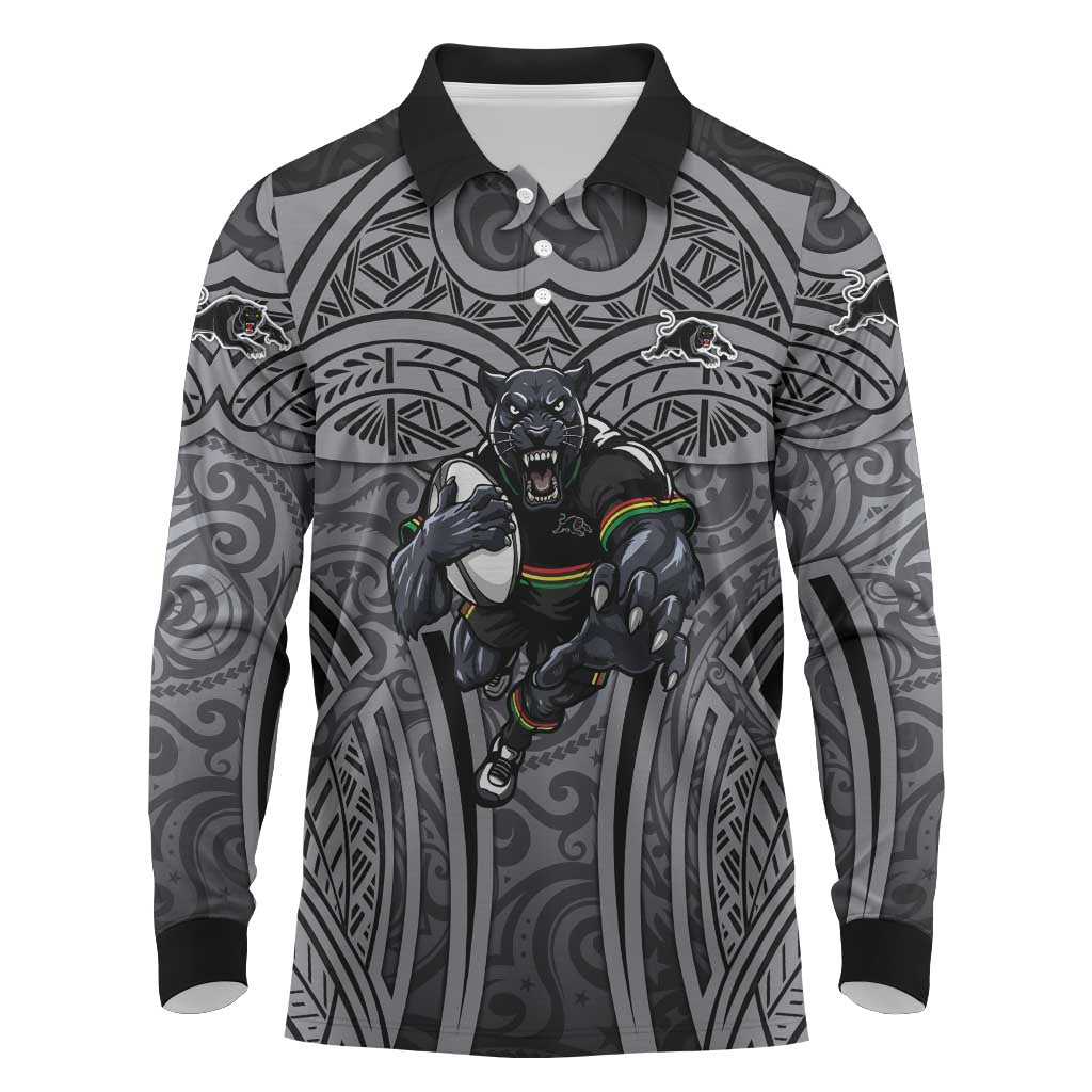 Penrith Panthers Rugby Long Sleeve Polo Shirt Polynesian Tribal Panther Warrior Black Grey Pattern