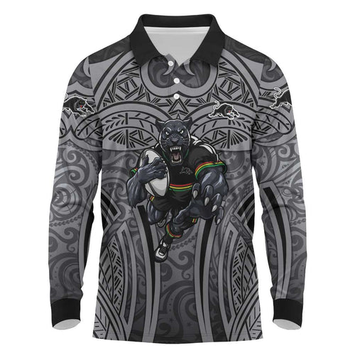 Penrith Panthers Rugby Long Sleeve Polo Shirt Polynesian Tribal Panther Warrior Black Grey Pattern