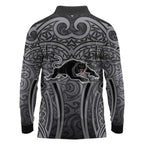Penrith Panthers Rugby Long Sleeve Polo Shirt Polynesian Tribal Panther Warrior Black Grey Pattern