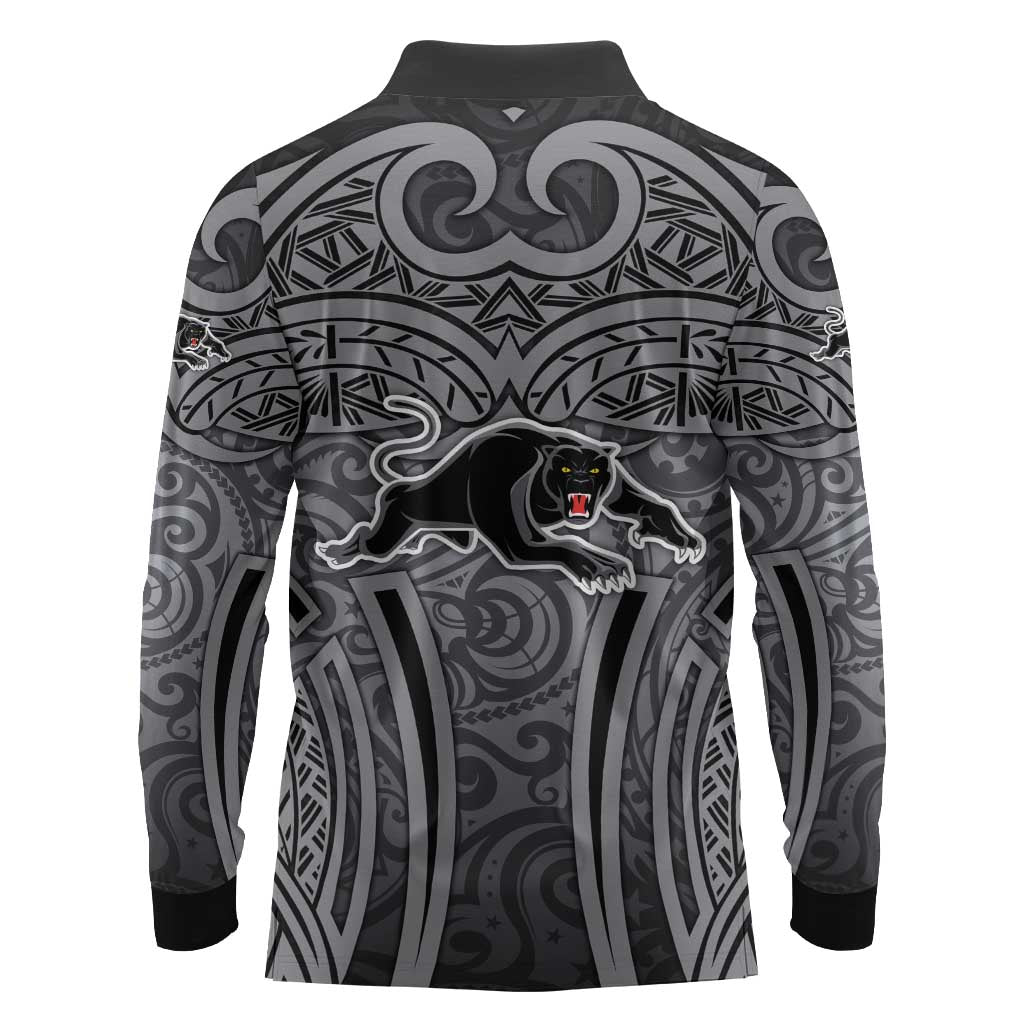 Penrith Panthers Rugby Long Sleeve Polo Shirt Polynesian Tribal Panther Warrior Black Grey Pattern