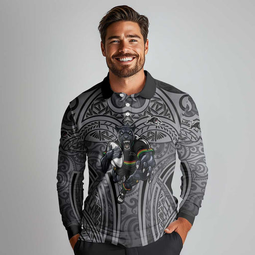 Penrith Panthers Rugby Long Sleeve Polo Shirt Polynesian Tribal Panther Warrior Black Grey Pattern