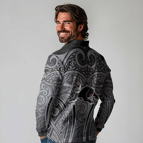 Penrith Panthers Rugby Long Sleeve Polo Shirt Polynesian Tribal Panther Warrior Black Grey Pattern