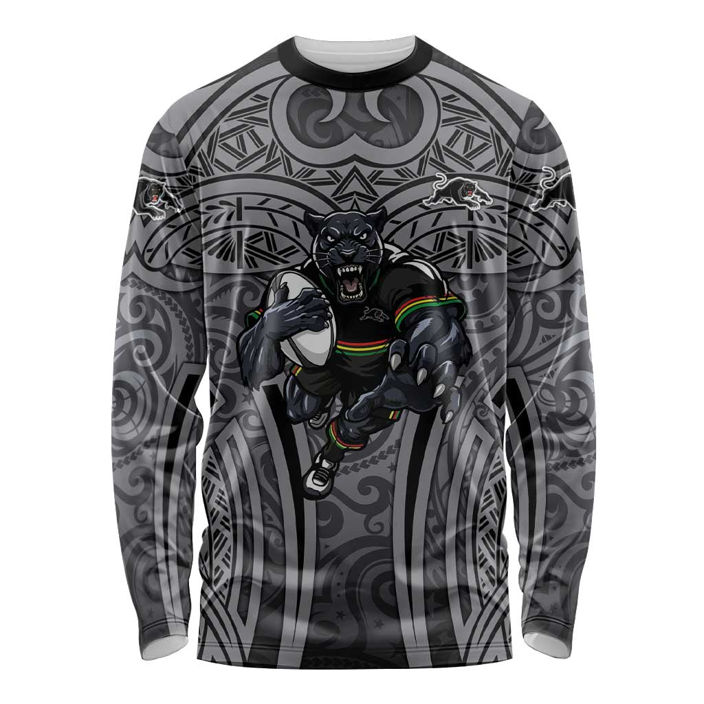Penrith Panthers Rugby Long Sleeve Shirt Polynesian Tribal Panther Warrior Black Grey Pattern