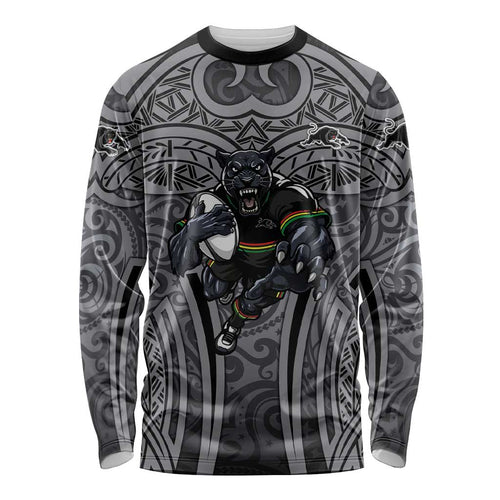 Penrith Panthers Rugby Long Sleeve Shirt Polynesian Tribal Panther Warrior Black Grey Pattern