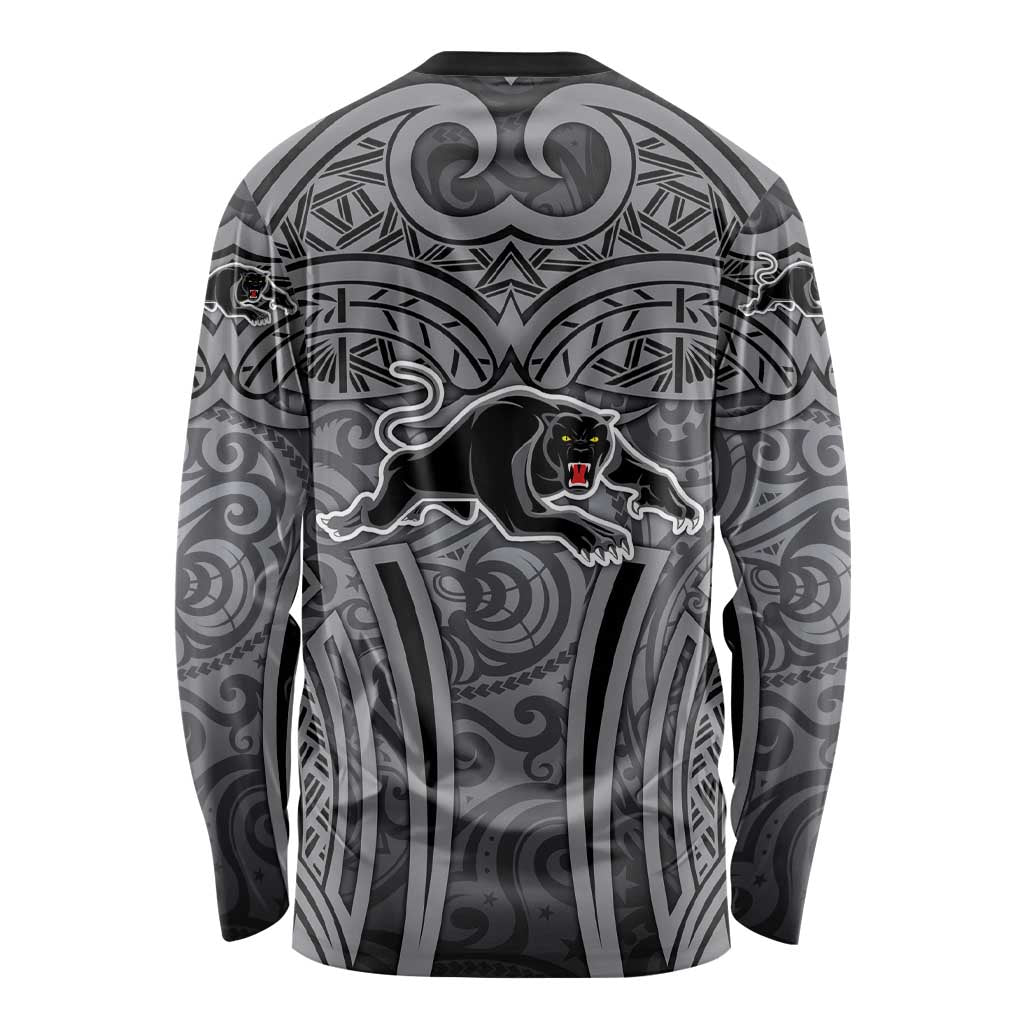 Penrith Panthers Rugby Long Sleeve Shirt Polynesian Tribal Panther Warrior Black Grey Pattern