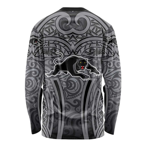 Penrith Panthers Rugby Long Sleeve Shirt Polynesian Tribal Panther Warrior Black Grey Pattern