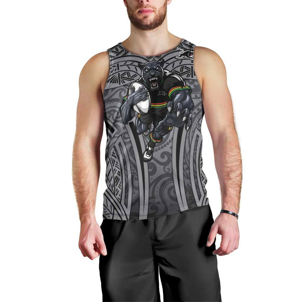 Penrith Panthers Rugby Men Tank Top Polynesian Tribal Panther Warrior Black Grey Pattern