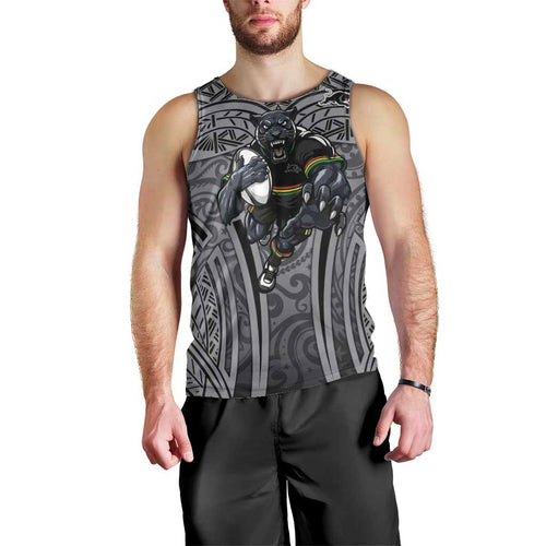 Penrith Panthers Rugby Men Tank Top Polynesian Tribal Panther Warrior Black Grey Pattern