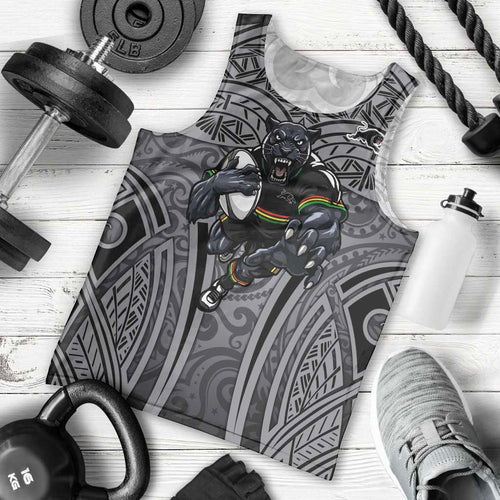 Penrith Panthers Rugby Men Tank Top Polynesian Tribal Panther Warrior Black Grey Pattern