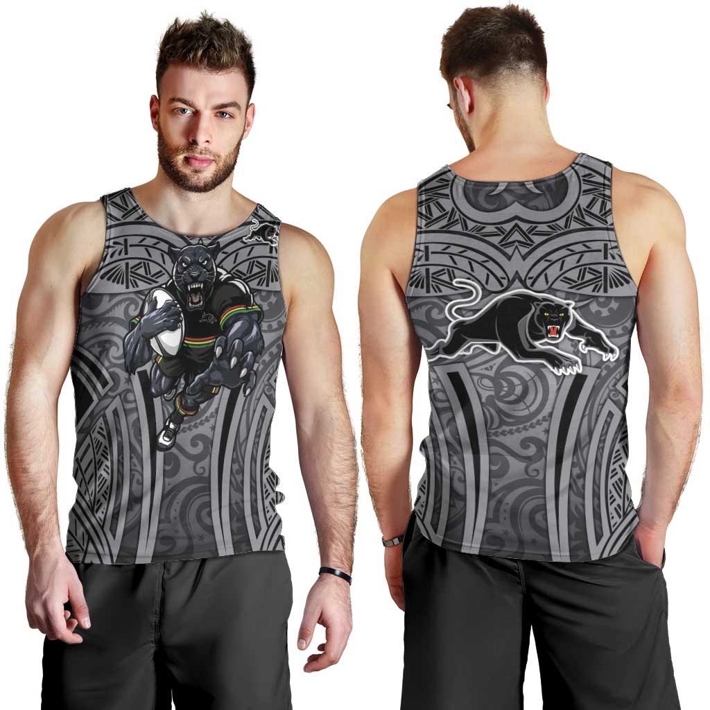 Penrith Panthers Rugby Men Tank Top Polynesian Tribal Panther Warrior Black Grey Pattern