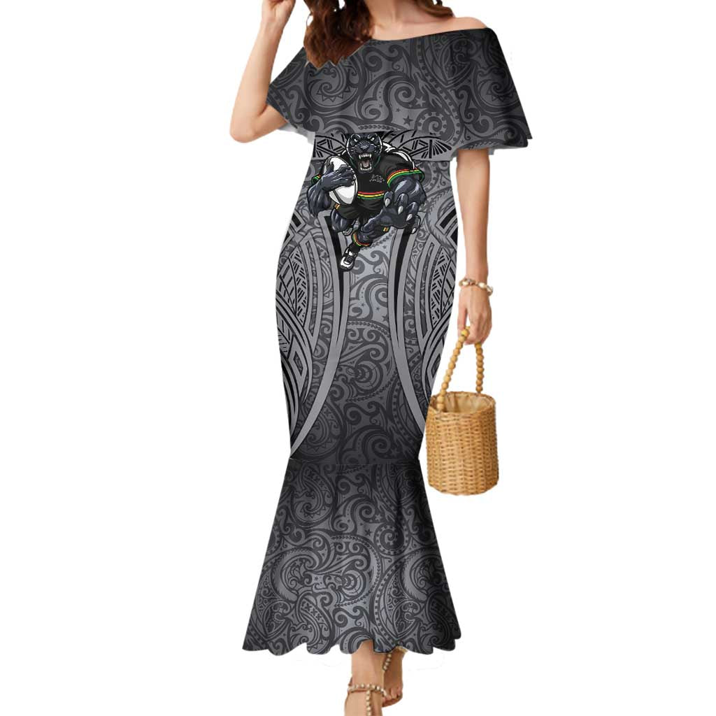 Penrith Panthers Rugby Mermaid Dress Polynesian Tribal Panther Warrior Black Grey Pattern