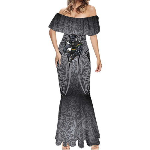 Penrith Panthers Rugby Mermaid Dress Polynesian Tribal Panther Warrior Black Grey Pattern