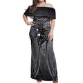 Penrith Panthers Rugby Off Shoulder Maxi Dress Polynesian Tribal Panther Warrior Black Grey Pattern