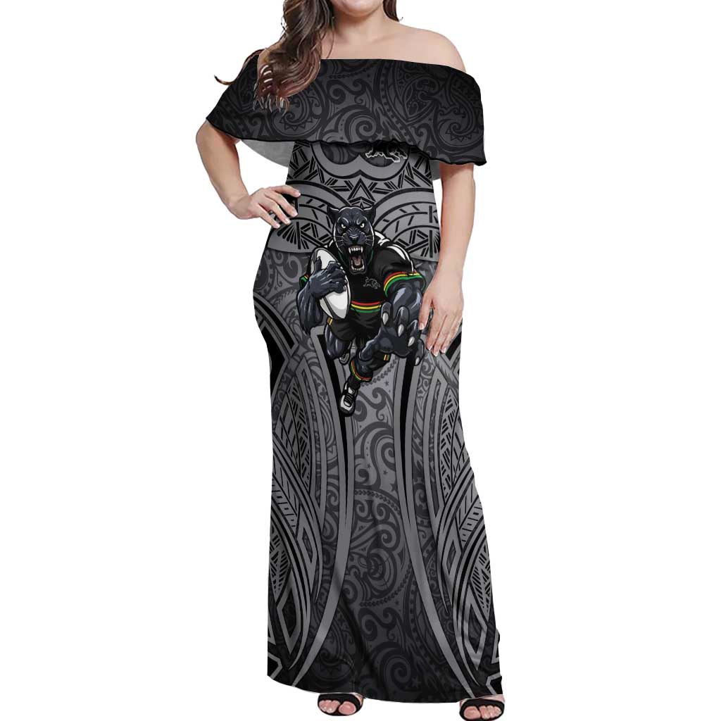 Penrith Panthers Rugby Off Shoulder Maxi Dress Polynesian Tribal Panther Warrior Black Grey Pattern
