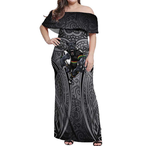 Penrith Panthers Rugby Off Shoulder Maxi Dress Polynesian Tribal Panther Warrior Black Grey Pattern