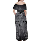 Penrith Panthers Rugby Off Shoulder Maxi Dress Polynesian Tribal Panther Warrior Black Grey Pattern