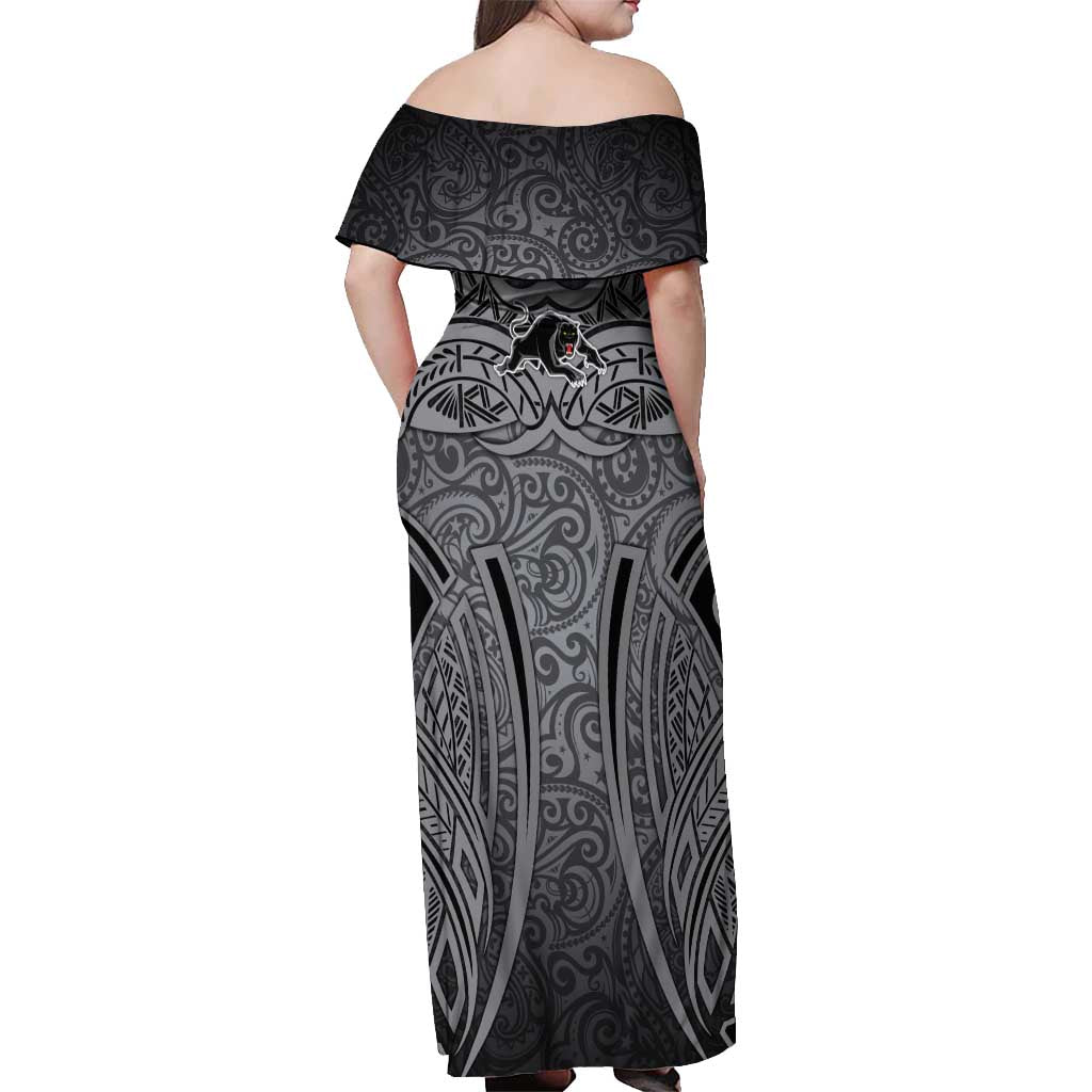 Penrith Panthers Rugby Off Shoulder Maxi Dress Polynesian Tribal Panther Warrior Black Grey Pattern