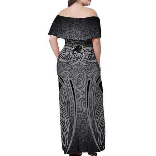 Penrith Panthers Rugby Off Shoulder Maxi Dress Polynesian Tribal Panther Warrior Black Grey Pattern