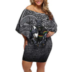 Penrith Panthers Rugby Off Shoulder Short Dress Polynesian Tribal Panther Warrior Black Grey Pattern