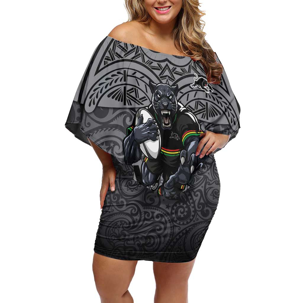 Penrith Panthers Rugby Off Shoulder Short Dress Polynesian Tribal Panther Warrior Black Grey Pattern
