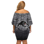 Penrith Panthers Rugby Off Shoulder Short Dress Polynesian Tribal Panther Warrior Black Grey Pattern