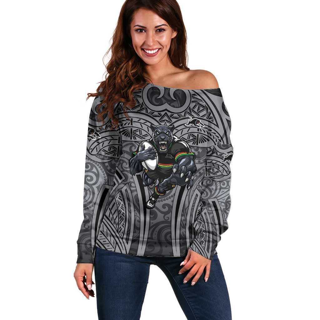 Penrith Panthers Rugby Off Shoulder Sweater Polynesian Tribal Panther Warrior Black Grey Pattern