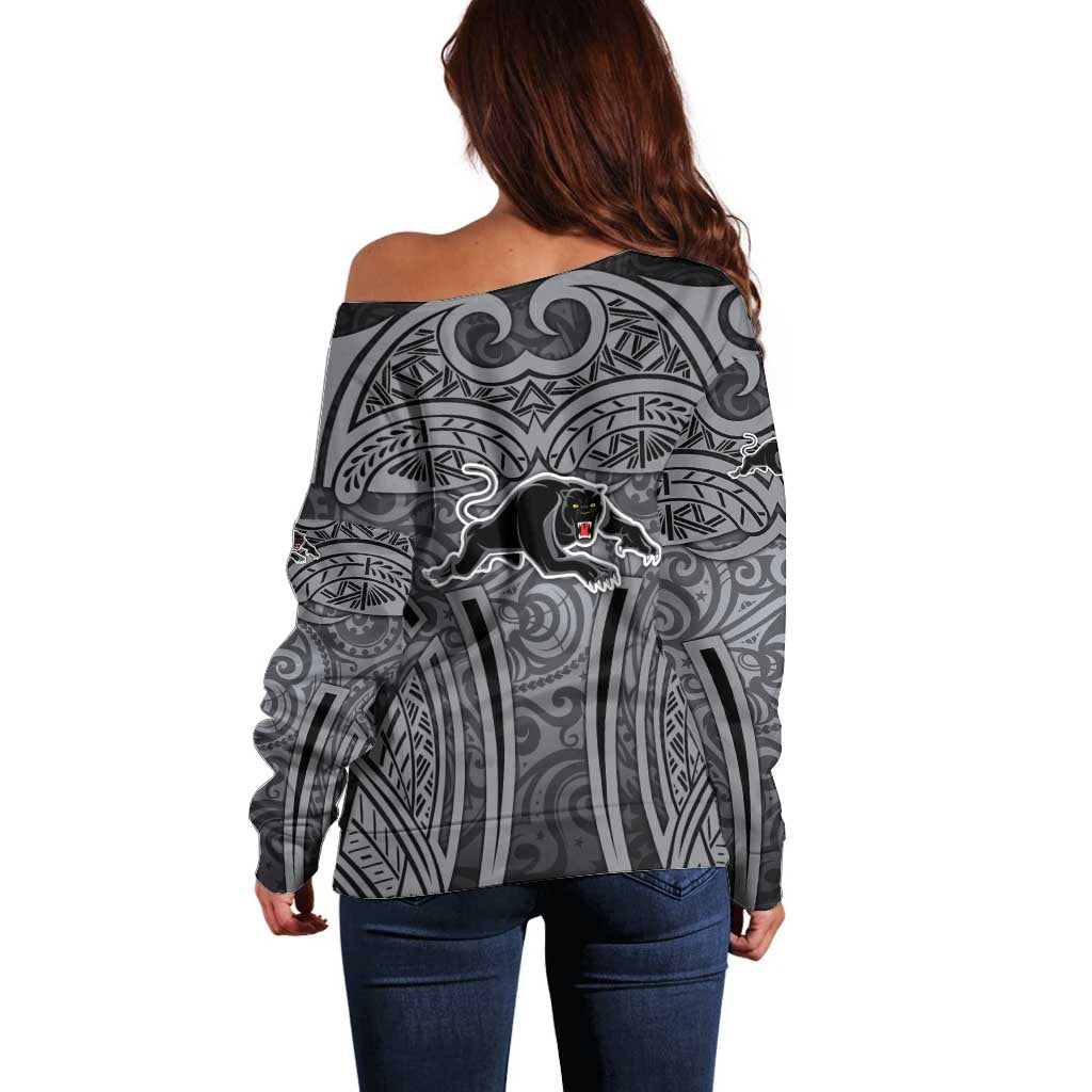 Penrith Panthers Rugby Off Shoulder Sweater Polynesian Tribal Panther Warrior Black Grey Pattern