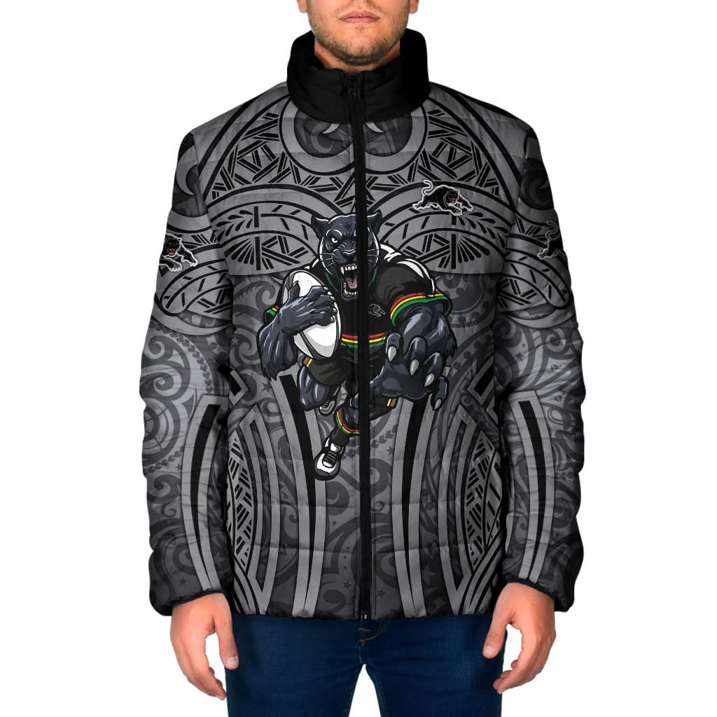 Penrith Panthers Rugby Padded Jacket Polynesian Tribal Panther Warrior Black Grey Pattern