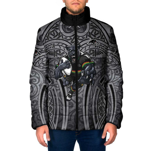 Penrith Panthers Rugby Padded Jacket Polynesian Tribal Panther Warrior Black Grey Pattern