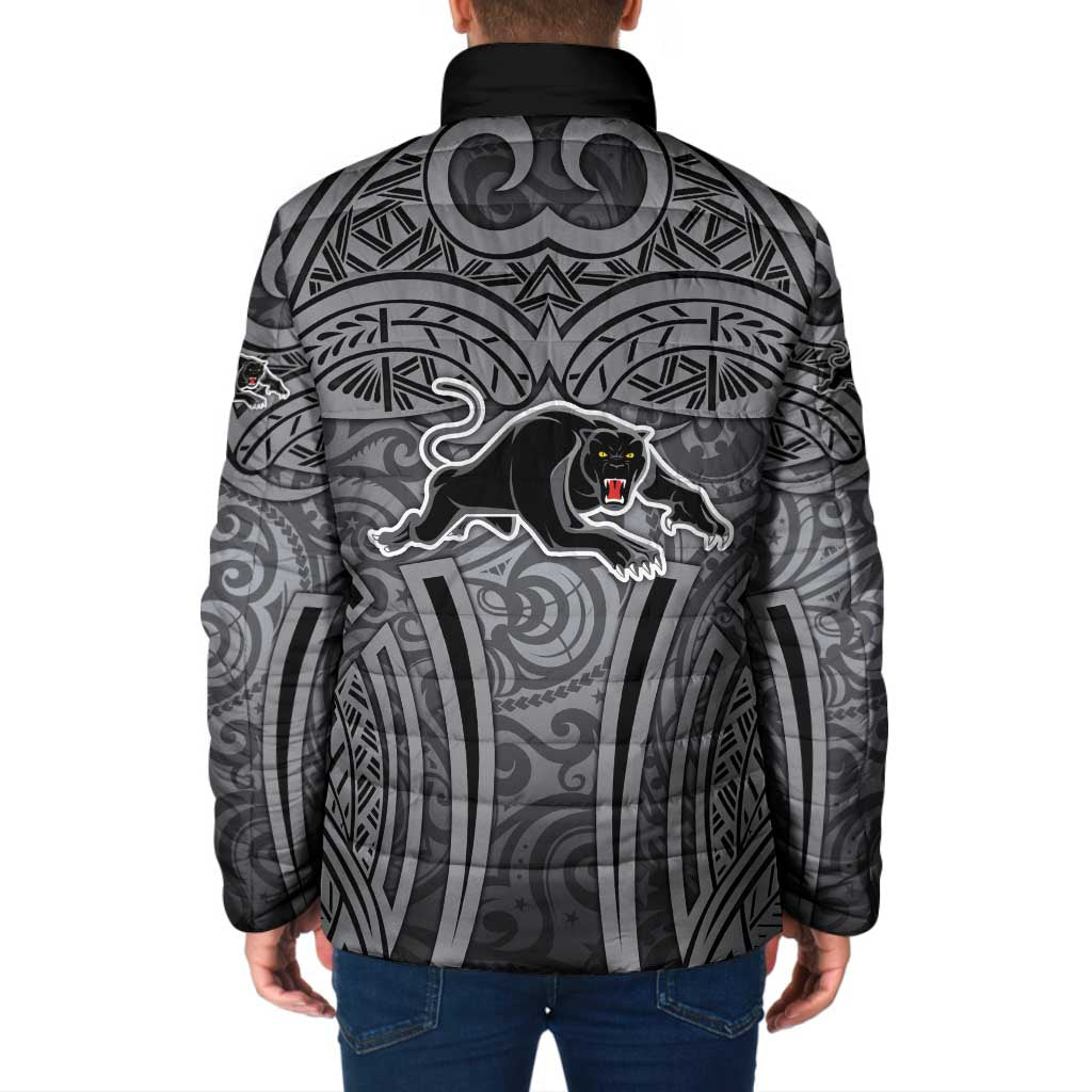 Penrith Panthers Rugby Padded Jacket Polynesian Tribal Panther Warrior Black Grey Pattern