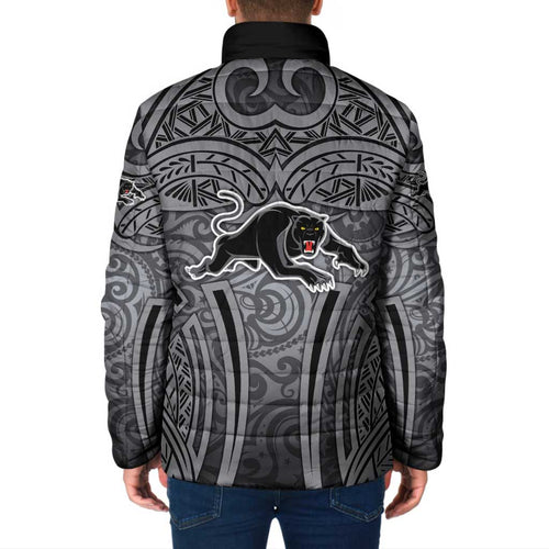 Penrith Panthers Rugby Padded Jacket Polynesian Tribal Panther Warrior Black Grey Pattern
