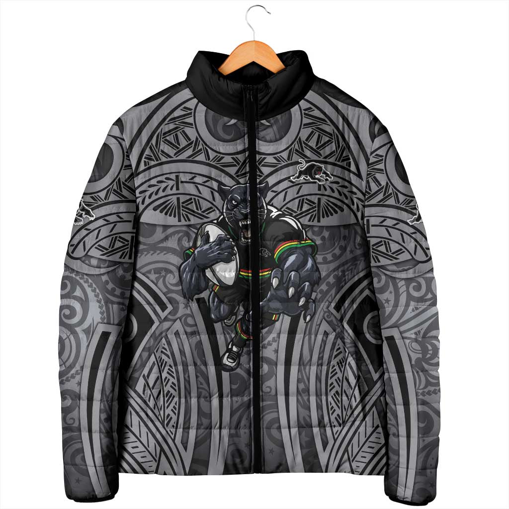 Penrith Panthers Rugby Padded Jacket Polynesian Tribal Panther Warrior Black Grey Pattern
