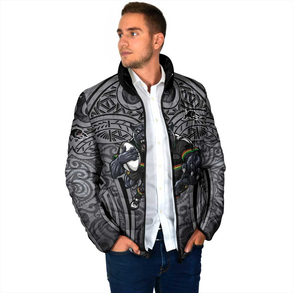 Penrith Panthers Rugby Padded Jacket Polynesian Tribal Panther Warrior Black Grey Pattern