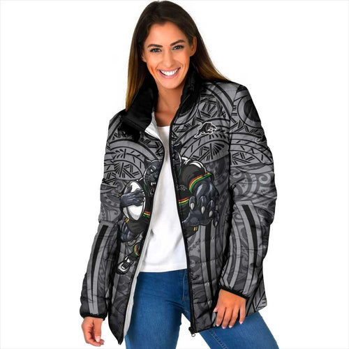 Penrith Panthers Rugby Padded Jacket Polynesian Tribal Panther Warrior Black Grey Pattern