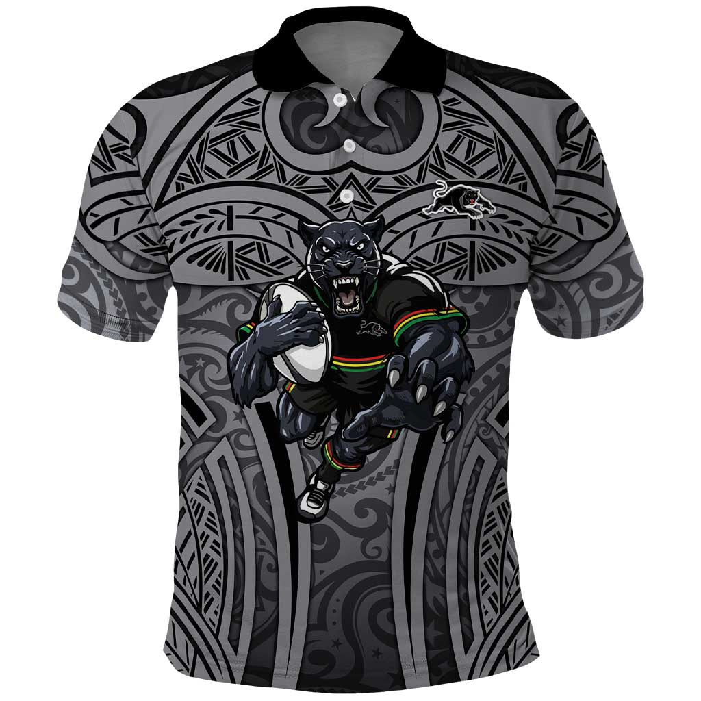 Penrith Panthers Rugby Polo Shirt Polynesian Tribal Panther Warrior Black Grey Pattern