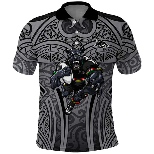 Penrith Panthers Rugby Polo Shirt Polynesian Tribal Panther Warrior Black Grey Pattern