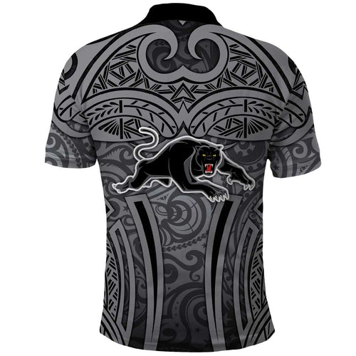 Penrith Panthers Rugby Polo Shirt Polynesian Tribal Panther Warrior Black Grey Pattern