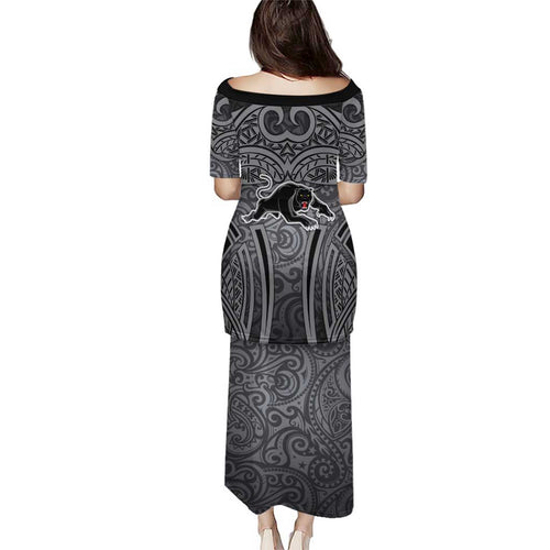 Penrith Panthers Rugby Puletasi Polynesian Tribal Panther Warrior Black Grey Pattern