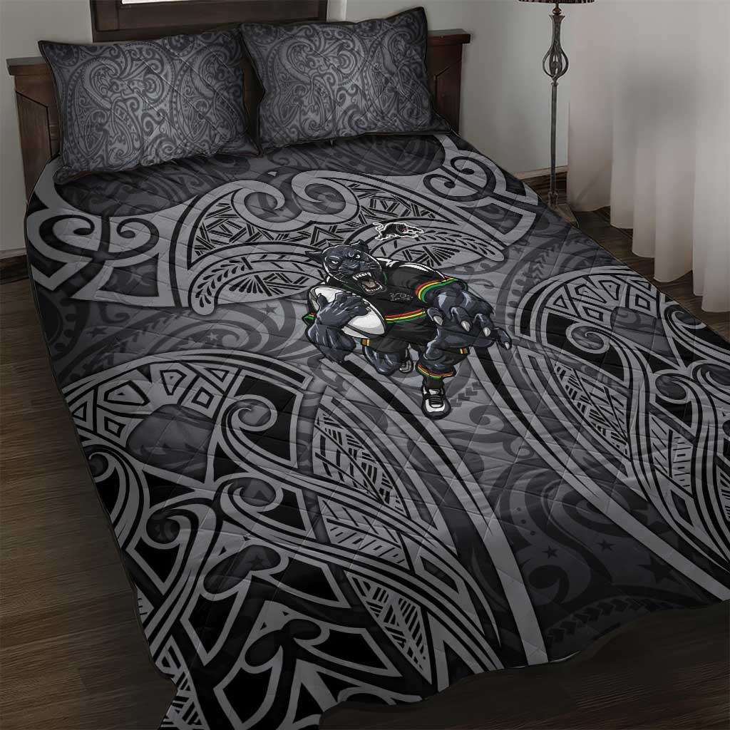 Penrith Panthers Rugby Quilt Bed Set Polynesian Tribal Panther Warrior Black Grey Pattern