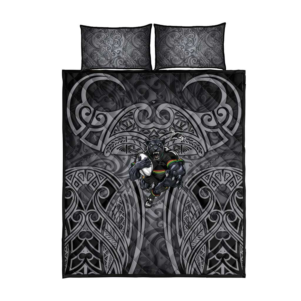 Penrith Panthers Rugby Quilt Bed Set Polynesian Tribal Panther Warrior Black Grey Pattern