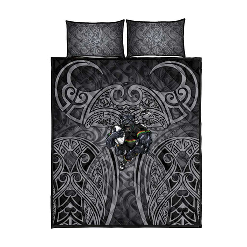 Penrith Panthers Rugby Quilt Bed Set Polynesian Tribal Panther Warrior Black Grey Pattern