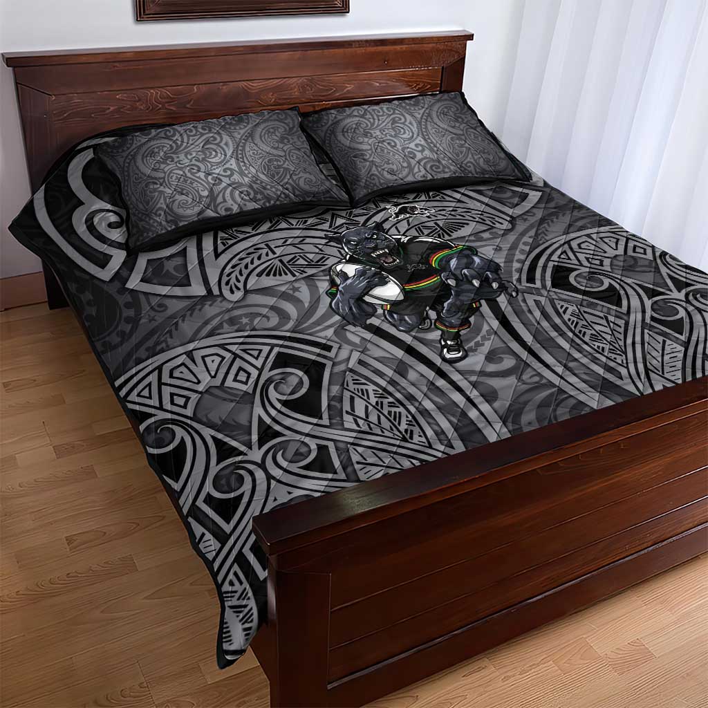 Penrith Panthers Rugby Quilt Bed Set Polynesian Tribal Panther Warrior Black Grey Pattern