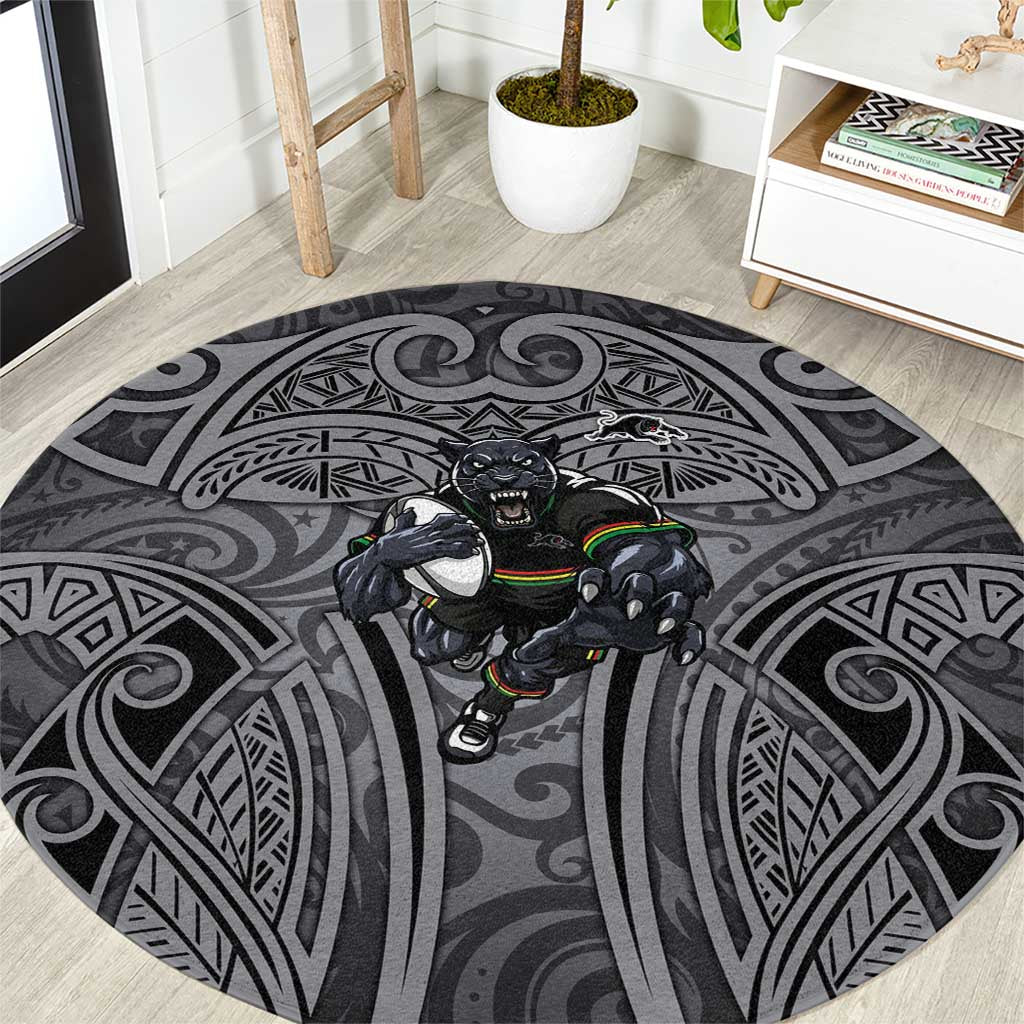 Penrith Panthers Rugby Round Carpet Polynesian Tribal Panther Warrior Black Grey Pattern