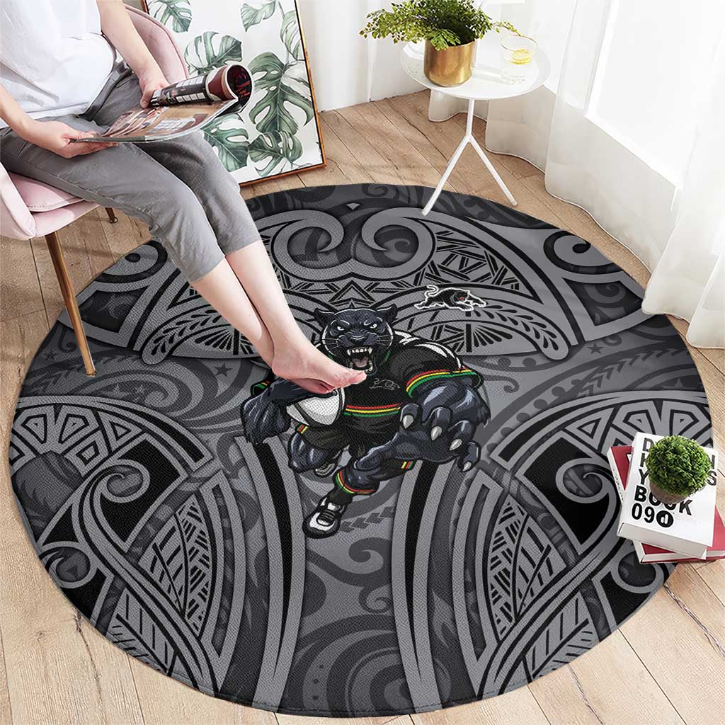 Penrith Panthers Rugby Round Carpet Polynesian Tribal Panther Warrior Black Grey Pattern