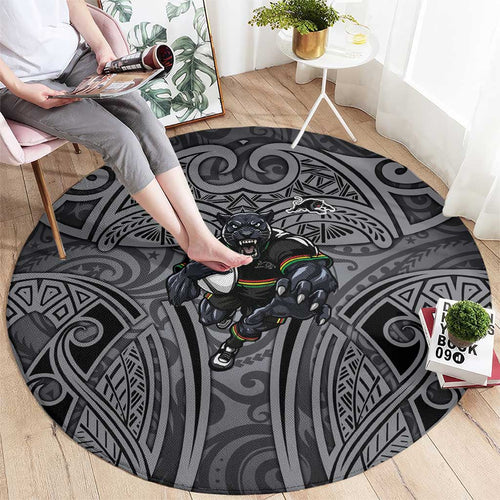 Penrith Panthers Rugby Round Carpet Polynesian Tribal Panther Warrior Black Grey Pattern