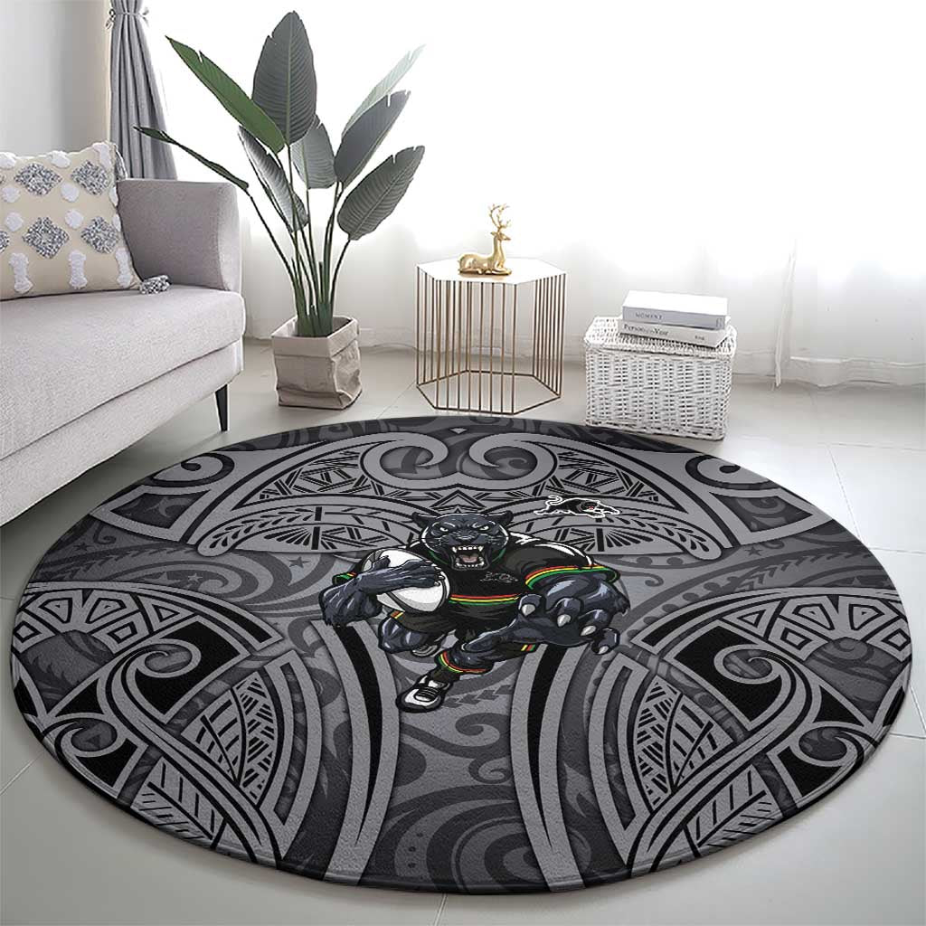 Penrith Panthers Rugby Round Carpet Polynesian Tribal Panther Warrior Black Grey Pattern