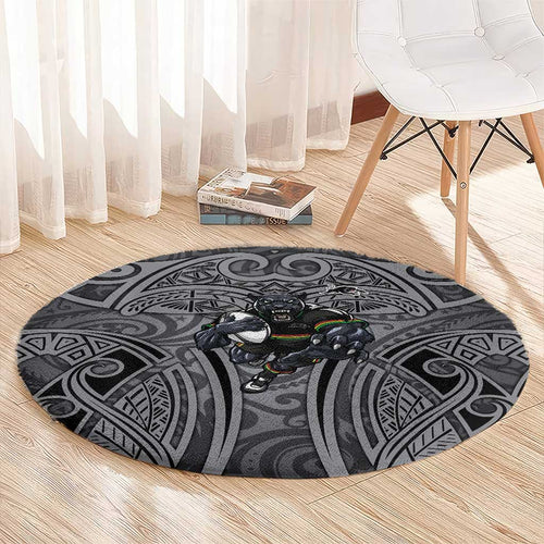 Penrith Panthers Rugby Round Carpet Polynesian Tribal Panther Warrior Black Grey Pattern