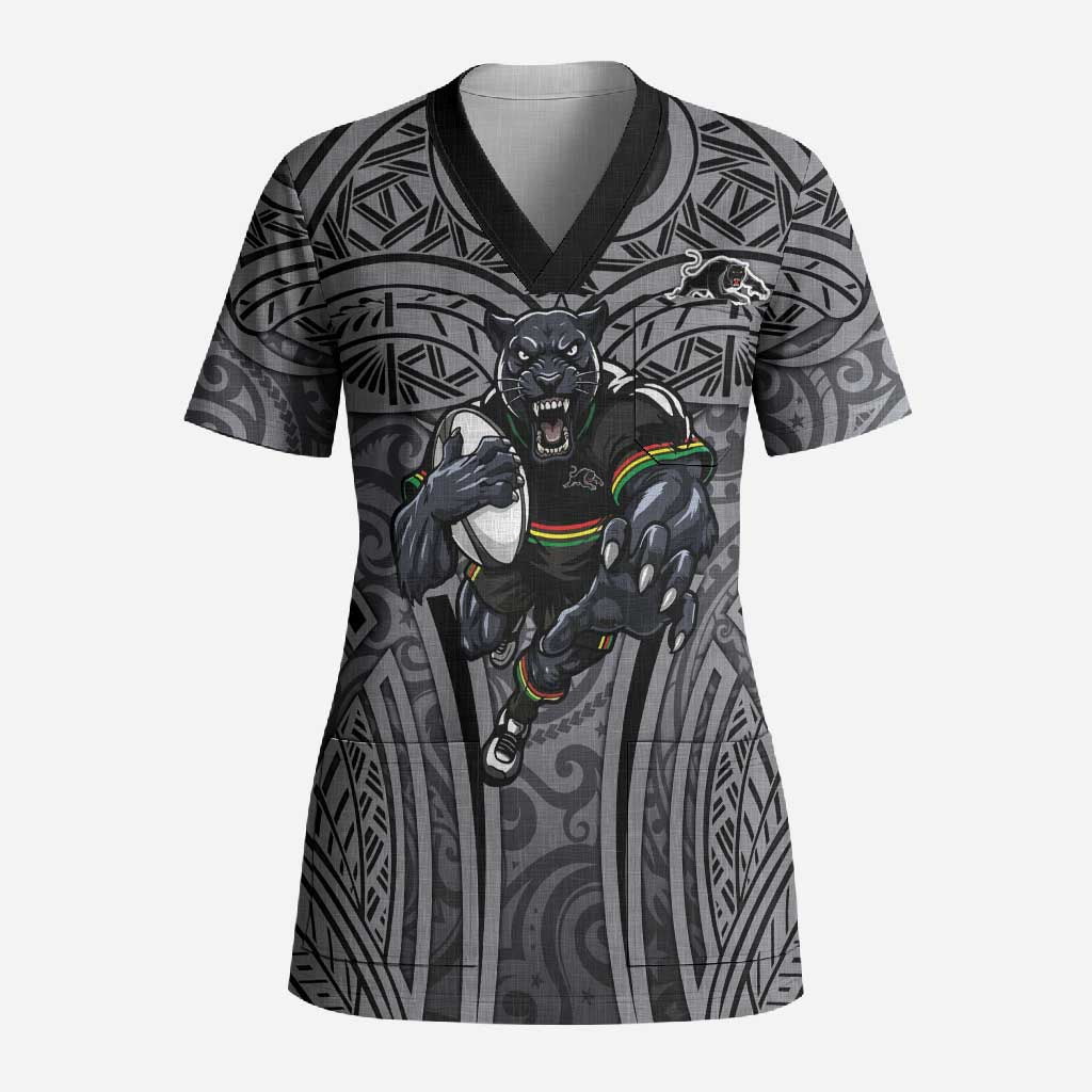 Penrith Panthers Rugby Scrub Top Polynesian Tribal Panther Warrior Black Grey Pattern
